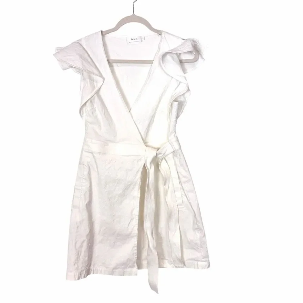 A.L.C. Sidelle white ruffle sleeve wrap dress 10 linen stretch V-neck mini Short - Picture 5 of 16